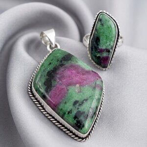 Ruby Zoisite Pendant and Ring Set Green Pink Stone Jewelry 925 Silver